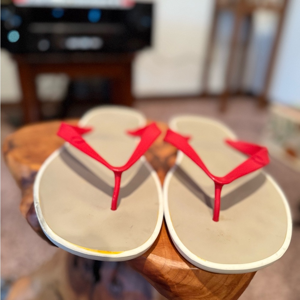 Salvatore Ferragamo Red and Beige Flip-Flops